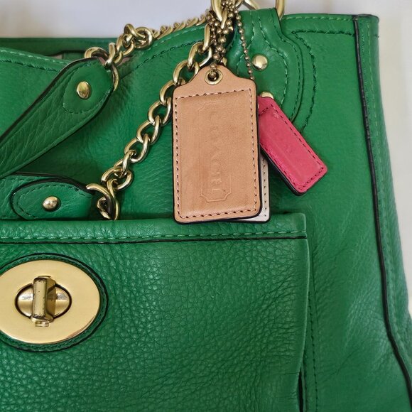 Coach Green Leather Mollie 25 Tote Coach | TLC US COACH PURSE | Green Leather Tote w/ Colorful Tags